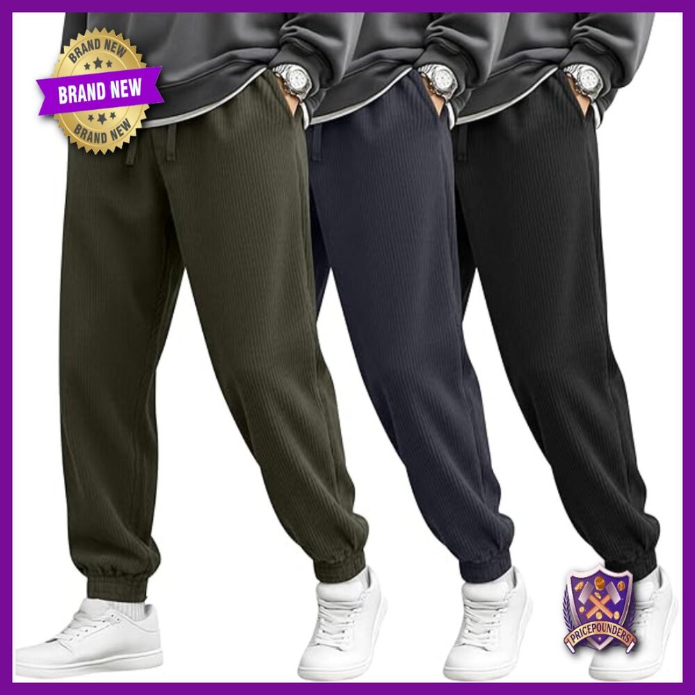 Men's Corduroy Joggers 3 Pack Elastic Waist Tapered Sweatpants with Pockets